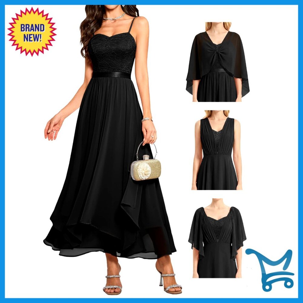Elegant Semi Formal Long Dress V-Neck Lace Chiffon Maxi Evening Gala Wear